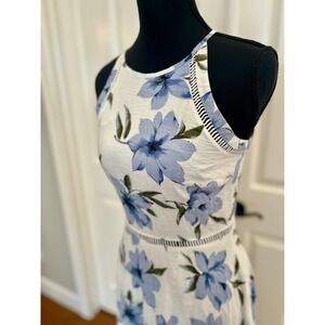 Lulus Blue Floral Halter Handkerchief Hem Midi Dress White XS Ladder Lace Trim